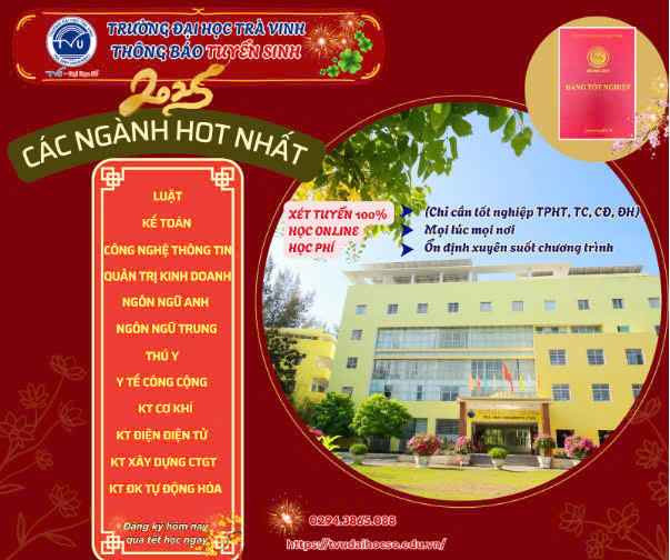 Trường Đại học Trà Vinh cung cấp đa dạng ngành học hệ từ xa, đăng ký hôm nay, qua tết học ngay