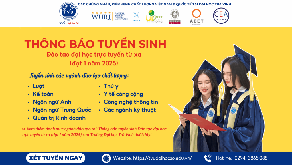 Trường Đại học Trà Vinh thông báo tuyển sinh đào tạo đại học trực tuyến từ xa đợt 1 năm 2025