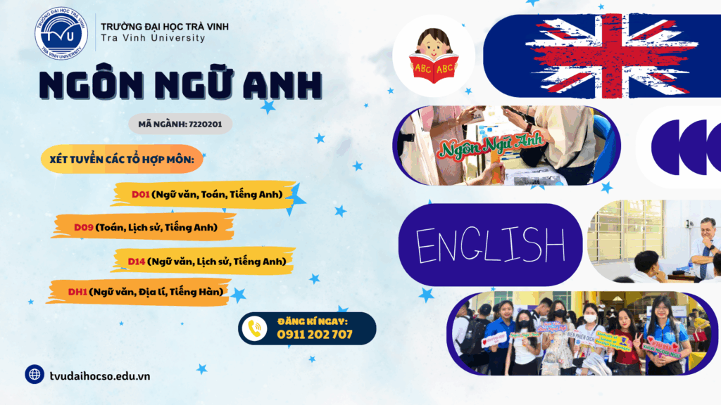 Hình ảnh: Ngành Ngôn Ngữ Anh - Trường Đại học Trà Vinh xét tuyển các tổ hợp môn: D01 (Ngữ văn, Toán, Tiếng Anh), D09 (Toán, Lịch sử, Tiếng Anh), D14 (Ngữ văn, Lịch sử, Tiếng Anh), DH1 (Ngữ văn, Địa lí, Tiếng Hàn).