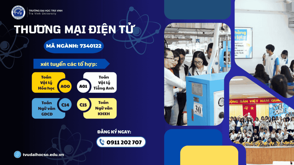 Ngành Thương mại điện tử TVU xét tuyển các tổ hợp môn: A00 (Toán, Vật lý, Hóa học), A01 (Toán, Vật lý, Tiếng Anh), C14 (Toán, Ngữ văn, GDCD), C15 (Toán, Ngữ văn, Khoa học xã hội)