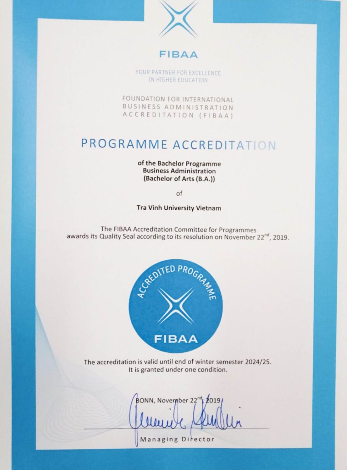 Trường Đại học Trà Vinh đạt kiểm định chất lượng giáo dục quốc tế FIBAA