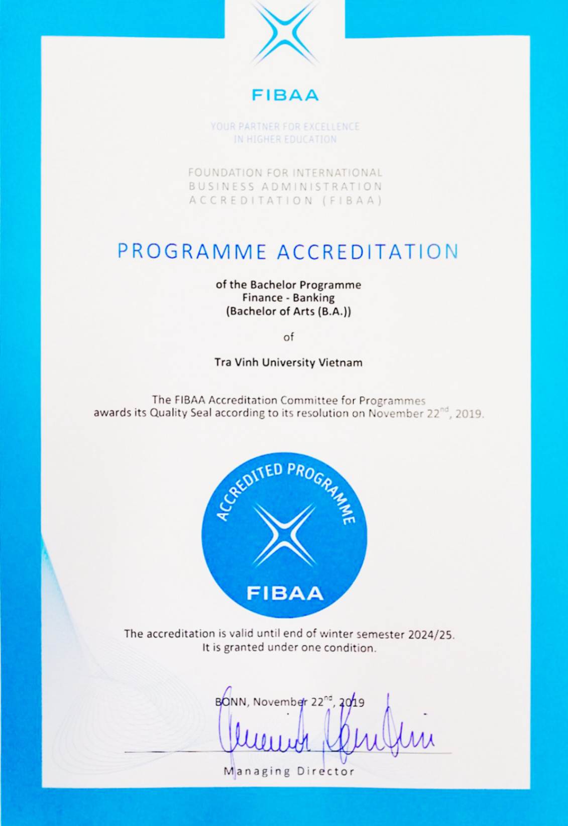 Trường Đại học Trà Vinh đạt kiểm định chất lượng giáo dục quốc tế FIBAA