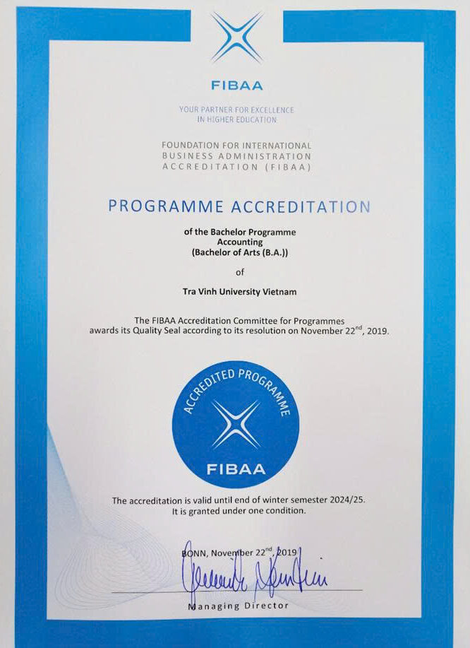 Trường Đại học Trà Vinh đạt kiểm định chất lượng giáo dục quốc tế FIBAA