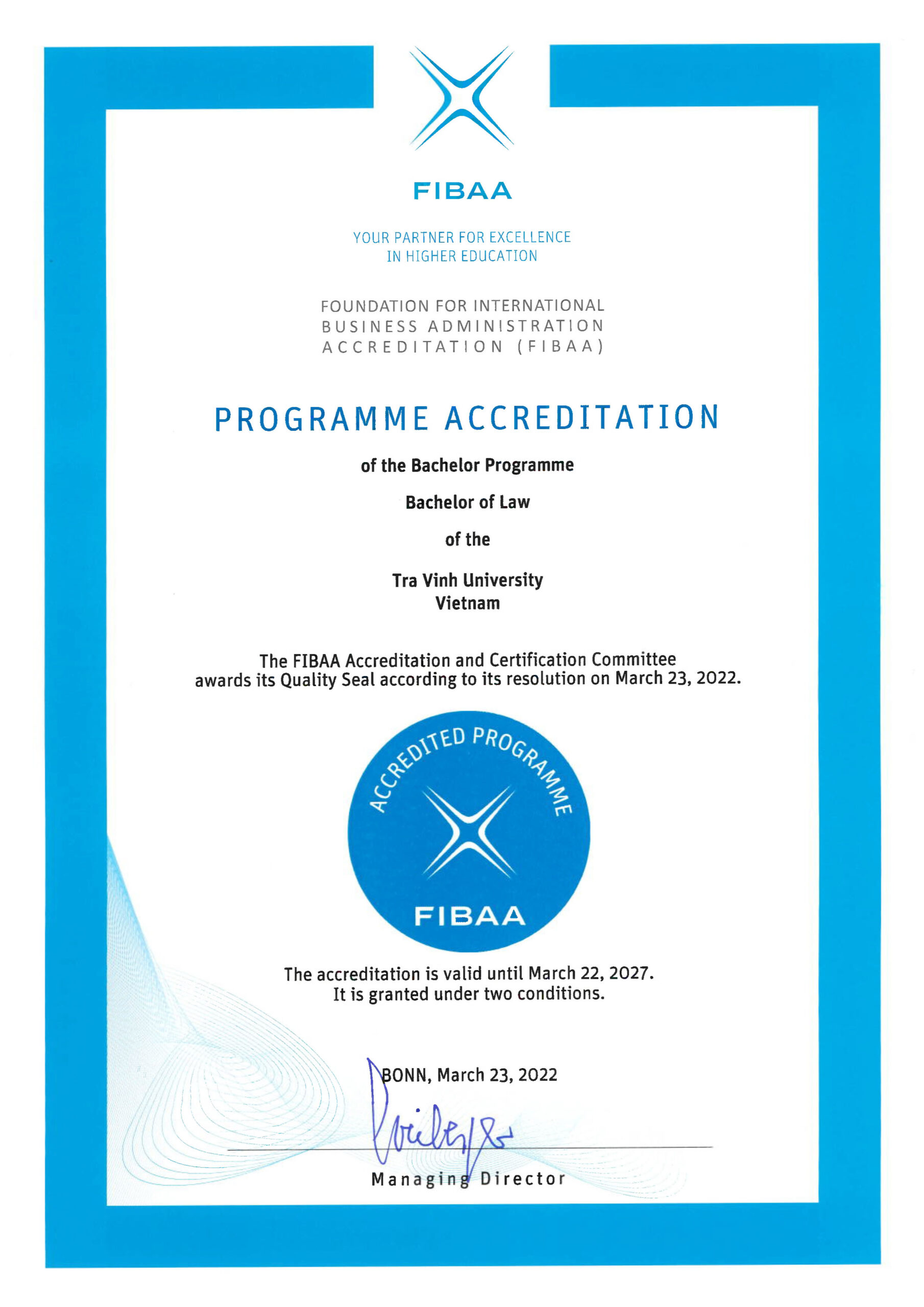 Trường Đại học Trà Vinh đạt kiểm định chất lượng giáo dục quốc tế FIBAA